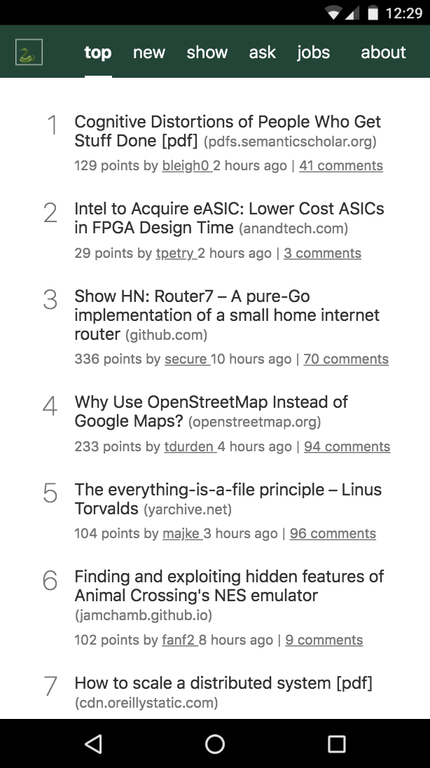 Viper-news HN PWA running on a mobile phone